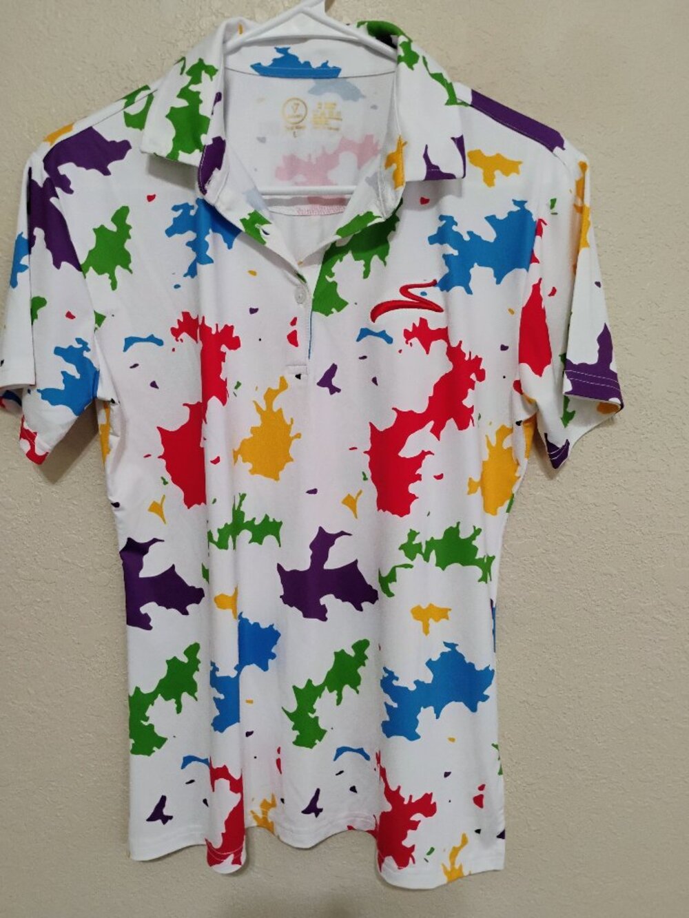 V7 Seven Cool Wear L White Multicolor Print Golf Polo Shirt